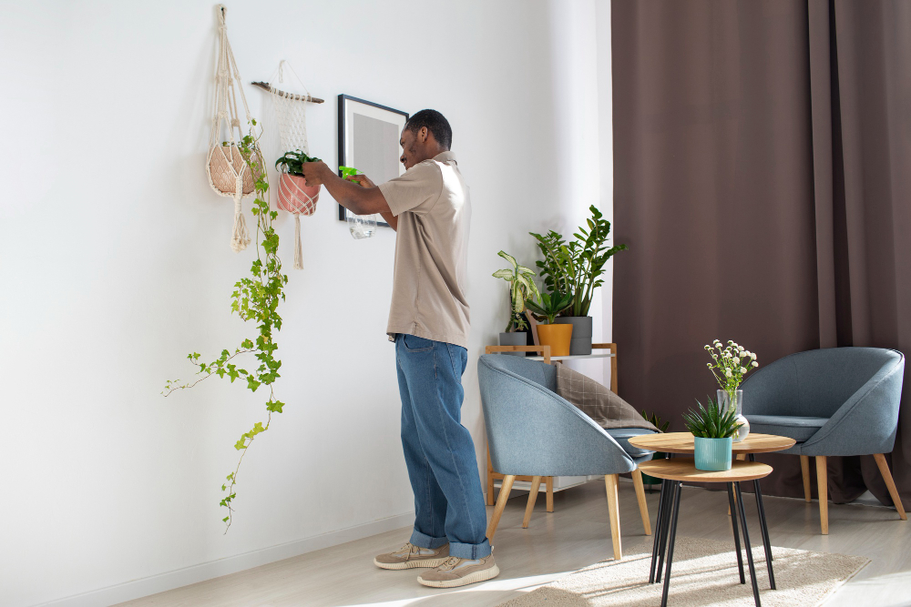 homem decorando a casa com sustentabilidade